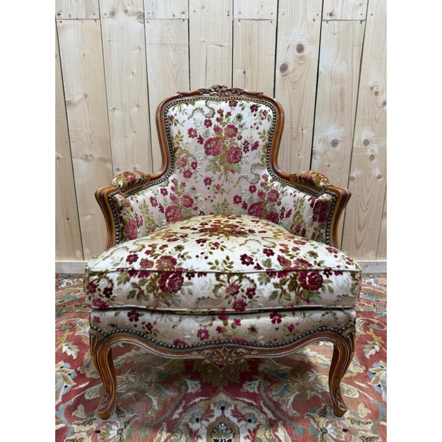Wood Louis XV Style Bergère Armchair in Cherrywood and Floral Velvet, 1980s For Sale - Image 7 of 7