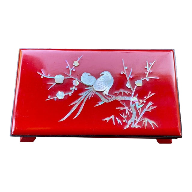 Vintage Japanese Red Lacquer Smoking Box With Mother-of-Pearl Birds and Brass Ash Receiver For Sale