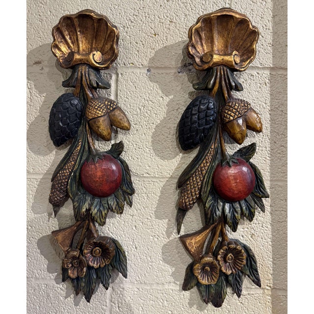 Pair of Mid 20th Century French Carved Gilt and Polychromed Wall Sculptures For Sale - Image 4 of 6