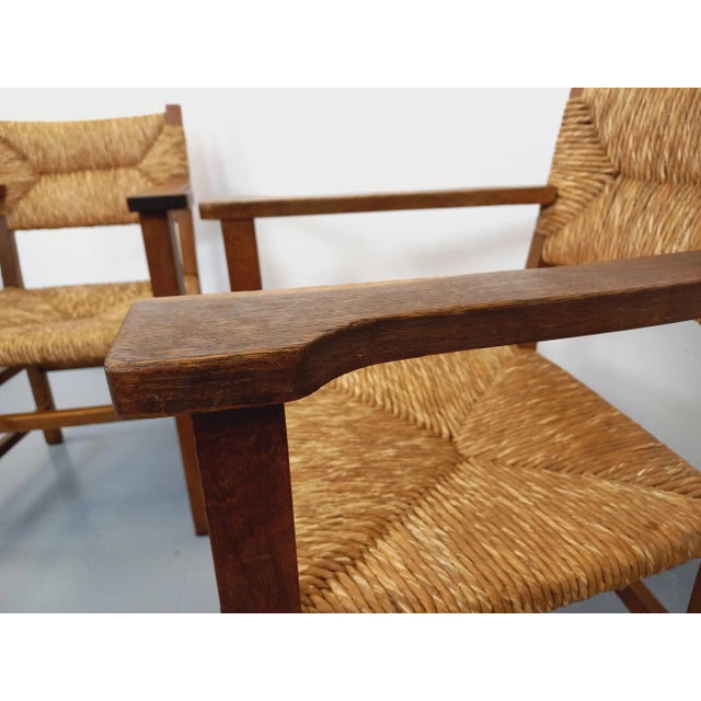 Brutalist Armchairs in Oak and Straw, 1960s, Set of 2 For Sale - Image 3 of 18
