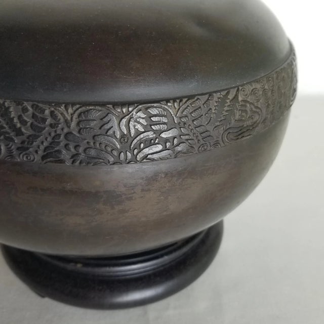 1940s 1940s Bronze Vessel With Floral Details and Wooden Base For Sale - Image 5 of 7