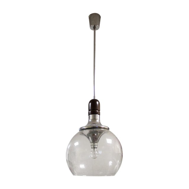 Italian Chromed Wood Glass Ceiling Lamp, Italy, 1970s For Sale - Image 6 of 6