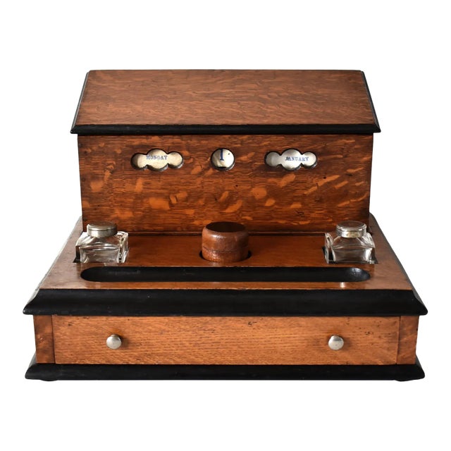 Victorian Tiger Oak Letterbox and Inkstand With Perpetual Calendar For Sale