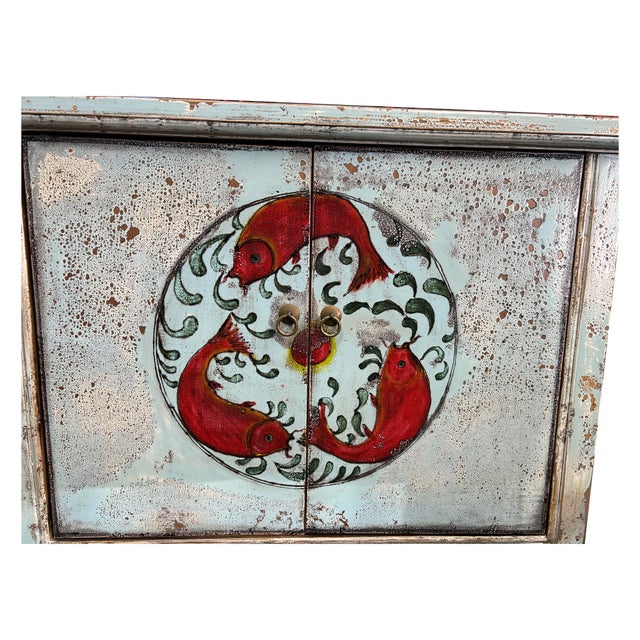 Vintage Distressed Pale Turquoise Blue Tri-Red-Fish Credenza Table Cabinet For Sale - Image 10 of 10