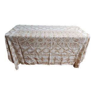 Incredible Silk Embroidered Vintage Tablecloth For Sale
