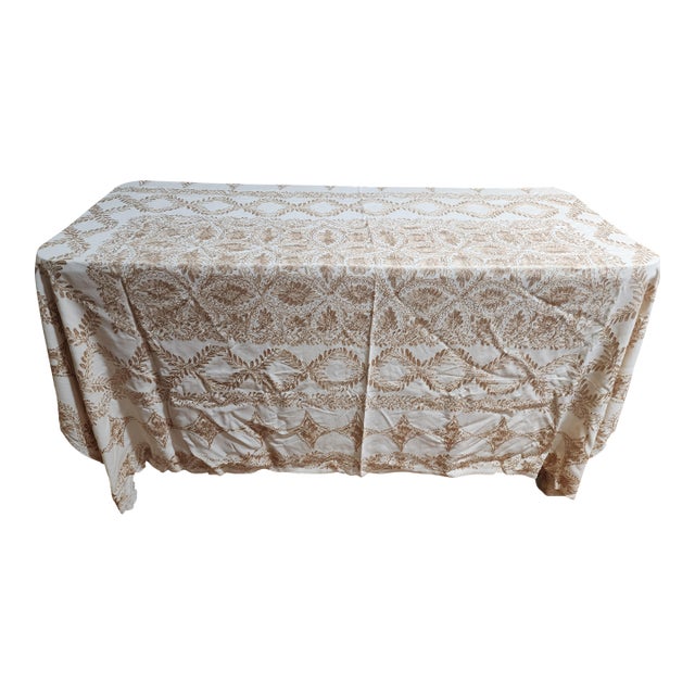 Incredible Silk Embroidered Vintage Tablecloth For Sale