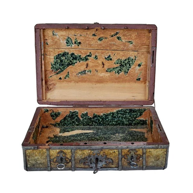 Late 18th Century Scandinavian metal bound box circa 1790. Rare baroque inspired strong box with 3 locks on the front....