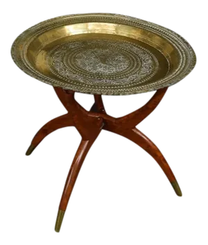 C.1950 Asian Brass Tray Table With Folding Spider Table