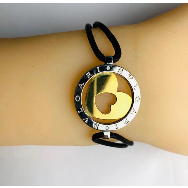 Metal Bvlgari “Tondo” 18k Yellow Gold Stainless Steel Double Heart Cord Bracelet For Sale - Image 7 of 8