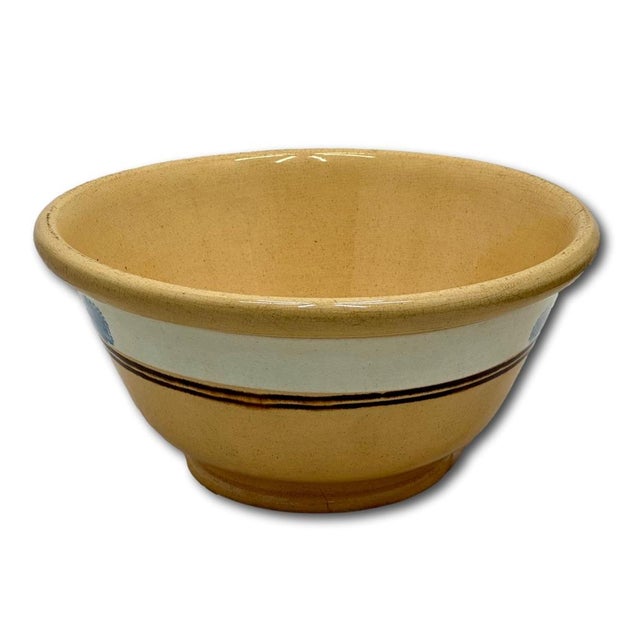 Nice Antique English Blue Seaweed Decorated & Banded Yellow Ware Kitchen Mixing Bowl - Circa Mid 19th Century For Sale In Boston - Image 6 of 18