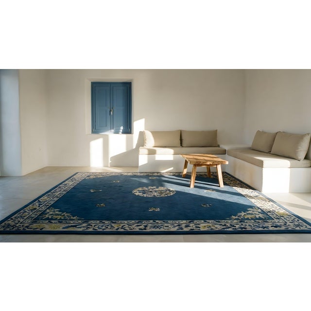 Beautiful Navy Background Color With Exquisite Floral-Medallion Design Antique Chinese Peking Rug For Sale - Image 13 of 15