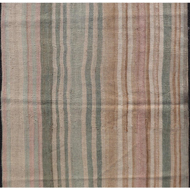 Vintage Turkish Kilim With Vertical Stripes in Sage Green, Sand, and Faded Rose For Sale - Image 4 of 11