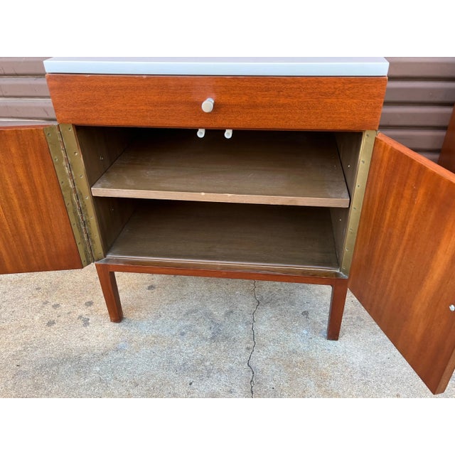 Calvin Furniture 1950s Vintage Paul McCobb for the Irwin Collection Vitrolite Top Nightstands - a Pair For Sale - Image 4 of 8