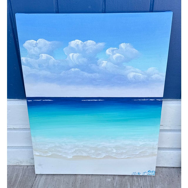 Shabby Chic Original Acrylic on Canvas Art, Turquoise Waters, Sandy Beach, Clouds in the Sky For Sale - Image 3 of 7