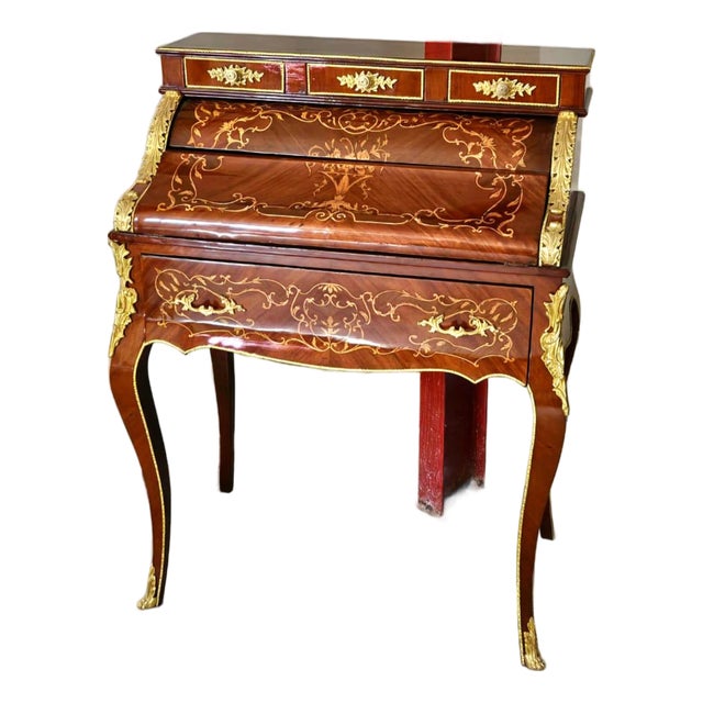 Louis XV Roll Top Secretary Desk – Marquetry Writing Desk With Bronze Ormolu Mounts For Sale
