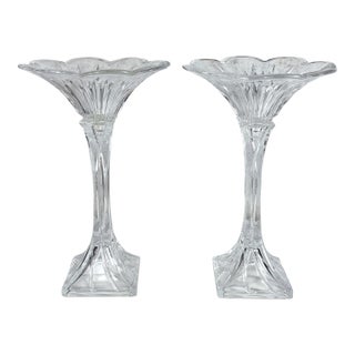 Vintage 13" Victorian Crystal Glass Lotus Flower Compote Pedestal Bowls - A Pair For Sale