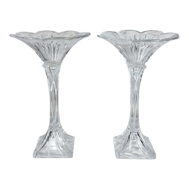 Vintage 13" Victorian Crystal Glass Lotus Flower Compote Pedestal Bowls - A Pair For Sale