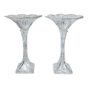 Vintage 13" Victorian Crystal Glass Lotus Flower Compote Pedestal Bowls - A Pair