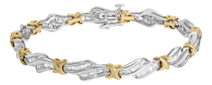 10k Two-Toned Gold 2.00 Cttw Channel Set Baguette-Diamond Weave and "X" Spiral Link Bracelet (H-I Co