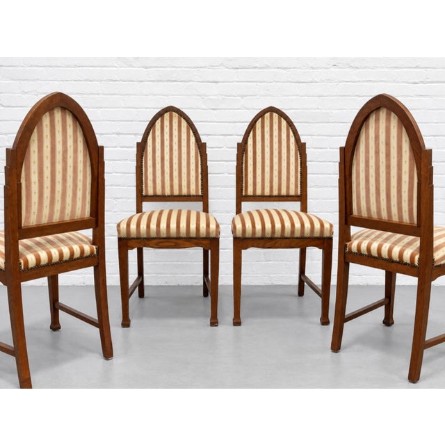 Art Deco Set of Four - Amsterdam School Art Deco Oak Dining Chairs, Netherlands, C. 1930s For Sale - Image 3 of 17