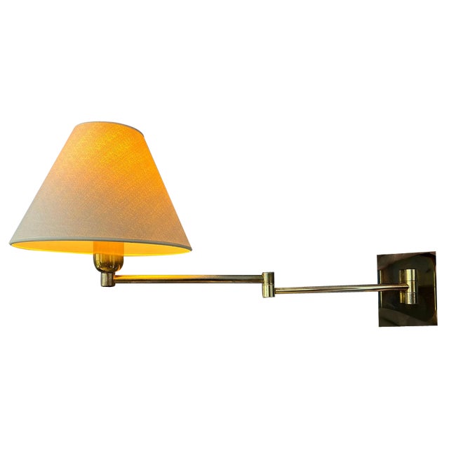 Golden Hollywood Regency Swing Arm Wall Lamp with Beige Shade For Sale