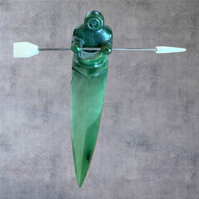 Gemstone Vintage Inuit Jade Carving Hunter in Kayak Sculpture Hand Carved Canada Art 5" For Sale - Image 7 of 9