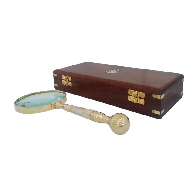 Mid 20th Century Mid-Century Brass Magnifying Glass With Mother of Pearl Inlay in Wooden Box For Sale - Image 5 of 5
