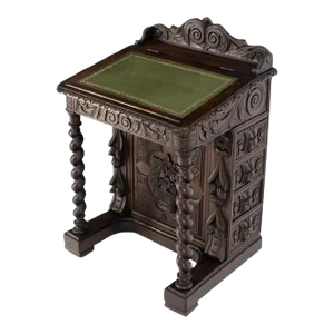 19th Century Davenport Heavily Carved Oak Desk w/ Rope Twist Supports 4 Drawers