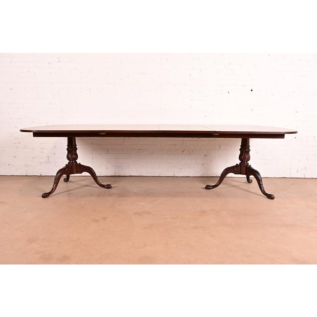 Drexel Heritage Drexel Heritage Georgian Banded Flame Mahogany Double Pedestal Extension Dining Table, Newly Refinished For Sale - Image 4 of 12