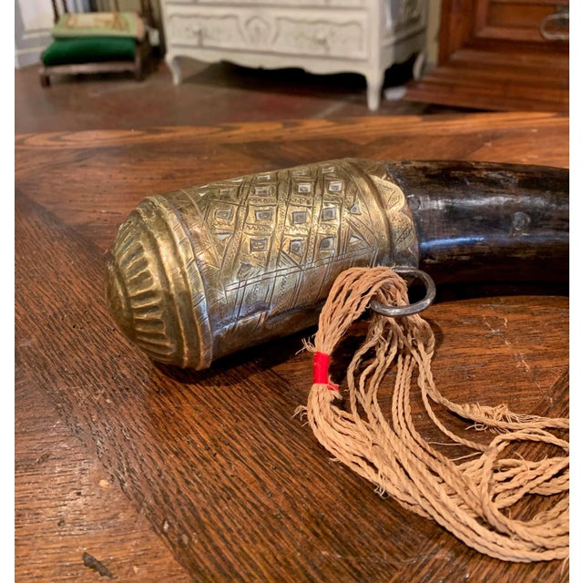 19th Century French Mounted Drinking Horn With Engraved Brass and Tassels For Sale In Dallas - Image 6 of 10
