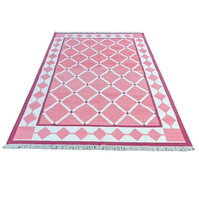 Handmade Cotton Natural Vegetable Dyed Reversible Pink and White Checked Tile Rug - 8'x10' For Sale - Image 9 of 11