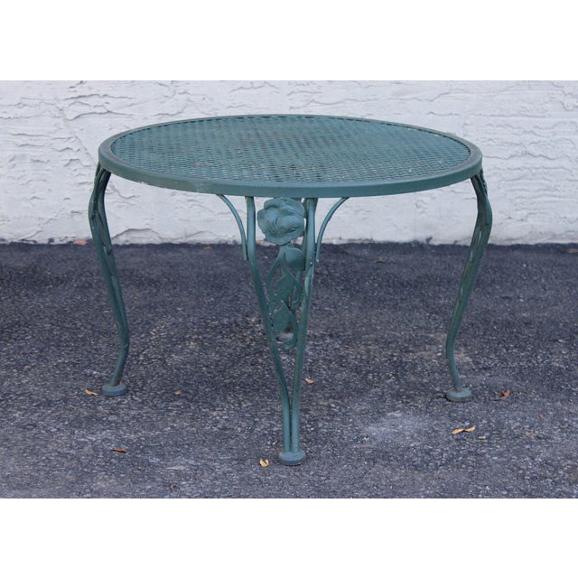 Wrought Iron Outdoor Round Mesh Top Patio Table With Floral Motif For Sale - Image 15 of 17