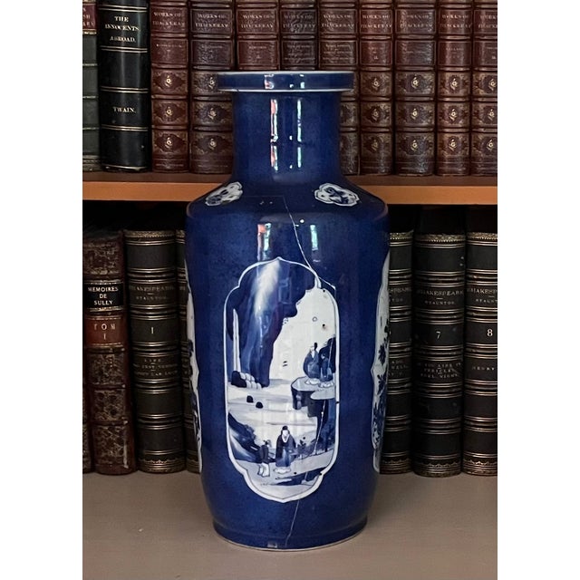 Antique Early 18th Century Chinese Powder Blue Kangxi Period Porcelain Rouleau Vase Circa 1700 For Sale - Image 10 of 18