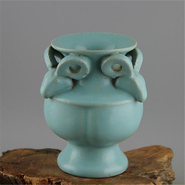 Vintage Chinese Sky Blue Porcelain Three Rams Zun Vase, Ru Style Ceramic Ritual Vessel For Sale - Image 4 of 5