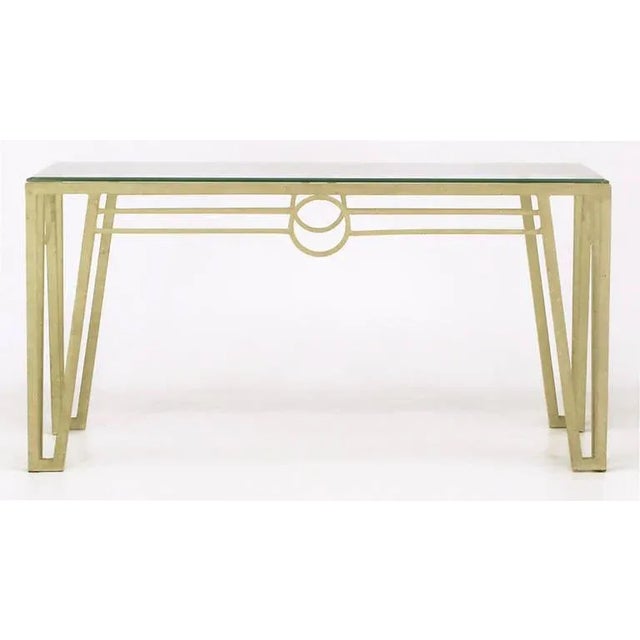 French Art Deco fer forge inspired open legged iron console table has circular details on all four sides. Patinated and...