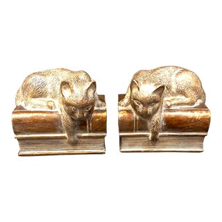 Vintage Cat Lying on Books Bookends- a Pair For Sale