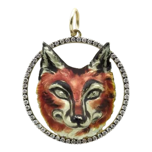 Late 19th Century Victorian 14k Gold Enamelled Fox Pendant with Diamond Halo Signature Piece