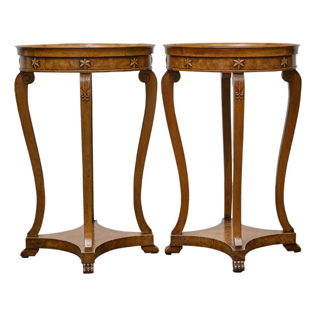 Pair of 19th Century English Regency Walnut Side Tables with Carved Details For Sale