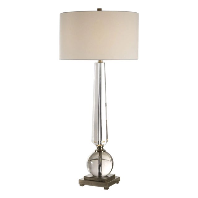 This Elegant Lamp Features A Tapered Cut Crystal Column, Displayed With A Thick Crystal Sphere, Creating A Timeless Design...