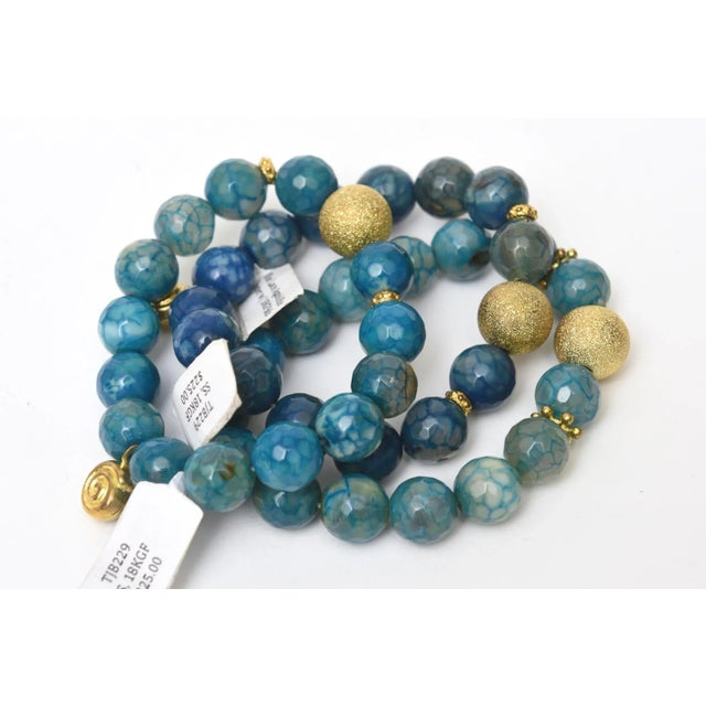 Modern Set of 3 Jeweler Custom Made Beaded Blue Sapphire Agate Gold Ball Bracelets For Sale - Image 3 of 10