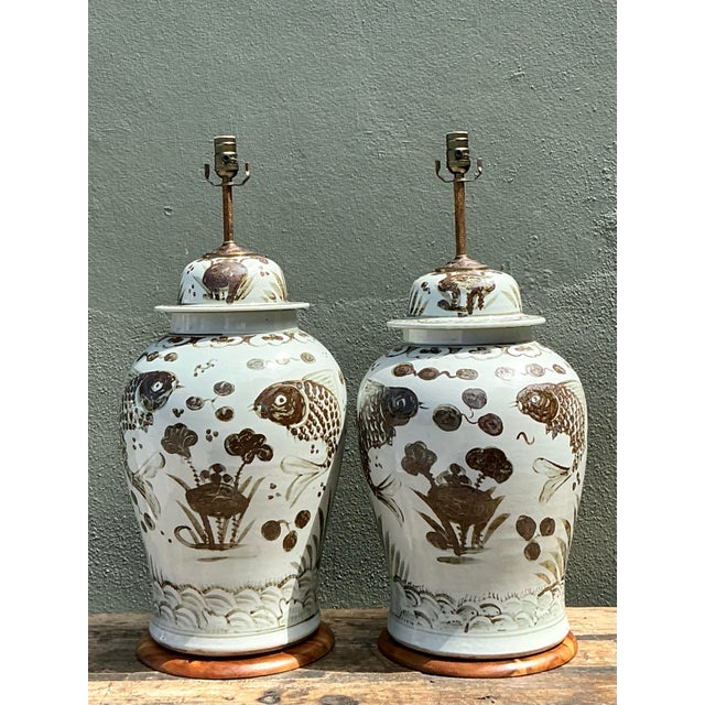 Vintage Monumental Glazed Ceramic Koi Lamps - A Pair For Sale - Image 10 of 12