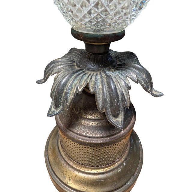 1950s Vintage Pressed Glass Diamond-Point Brass Table Lamp, Leviton Socket For Sale - Image 5 of 16
