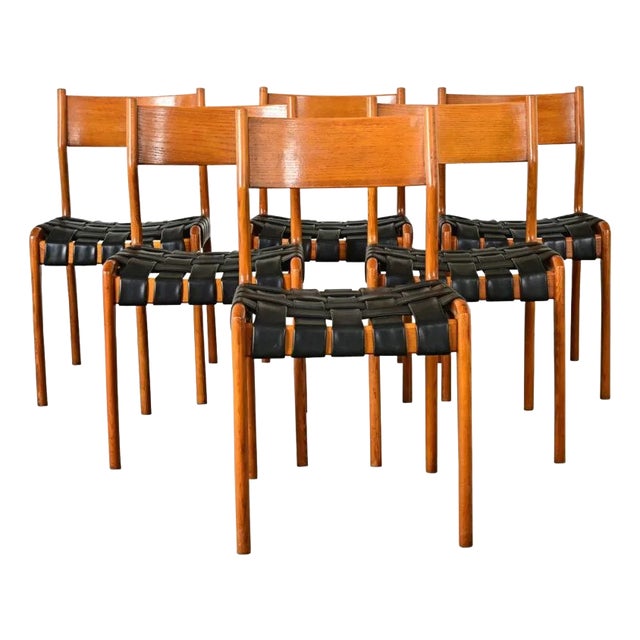 Italian Midcentury Leather and Beech Dining Chairs - Set of Six For Sale