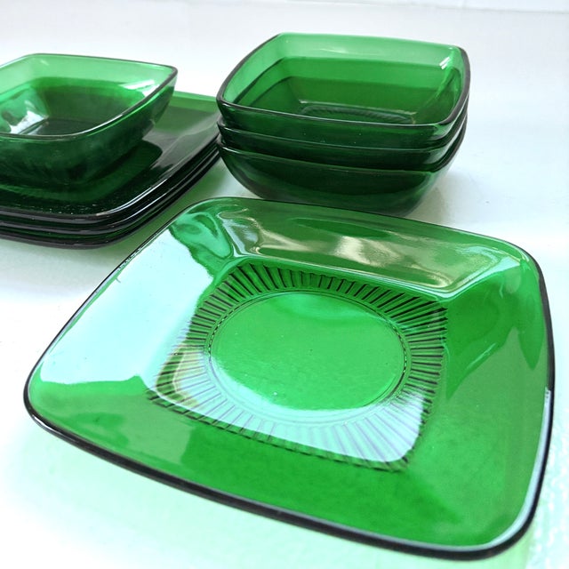 Forest Green Mid Century Modern Depression Glass Plates & Bowls by Anchor Hocking- 8 Pieces For Sale - Image 8 of 8
