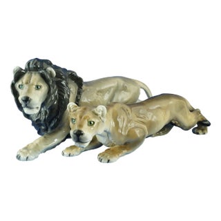 Ceramic Lion and Lioness Sculptures by Ernst Wahliss for Goldscheider, Austria, Early 20th Century, Set of 2 For Sale