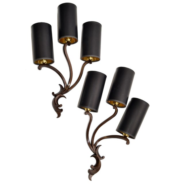 Superb Pair of Italian Art Deco Bronze Sconces, Wall Lights designed by Riccardo Scarpa in the late 1950s. They come with...