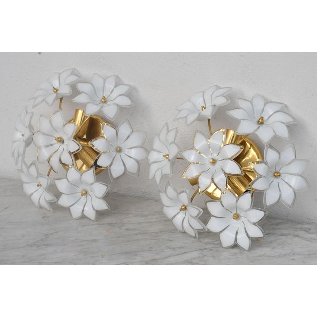 Italian Vintage Ceiling Light Murano White Flowers, 1970s - Set of 2 For Sale - Image 3 of 11