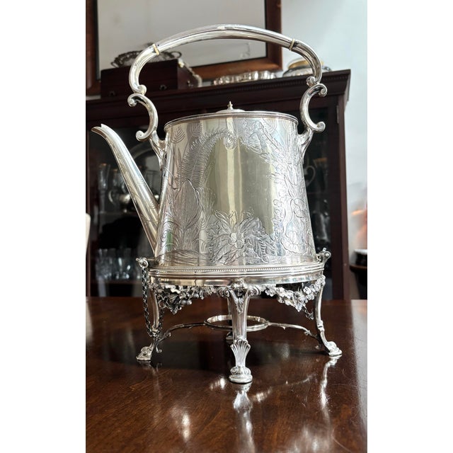Art Nouveau 1960s Boardman & Glossop SilverPlate Tilt Top Tea Pot With Stand 15" Tall. Floral, Ferns and Butterflies For Sale - Image 3 of 12