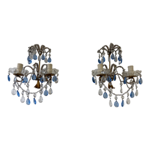 French Beaded Blue and Clear Prisms Crystal Sconces, 1900