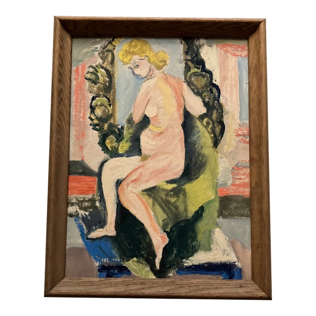 1970’s Original Abstract Expressionist Female Nude Painting Vintage Oak Frame For Sale